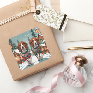Pegatina Cuadrada Perros American Foxhound Navidad Nieve Fiesta