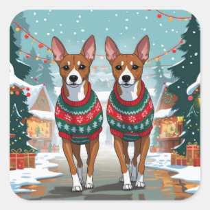 Pegatina Cuadrada Perros Basenji Navidad Nieve Fiesta 