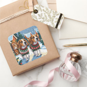 Pegatina Cuadrada Perros Beagle Navidad Nieve Fiesta