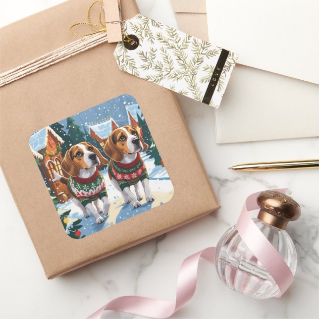 Pegatina Cuadrada Perros Beagle Navidad Nieve Fiesta (Regalar)