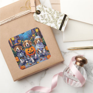 Pegatina Cuadrada Perros Beagle Trick-or-Treating con disfraz de Hal