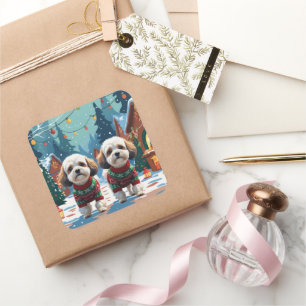 Pegatina Cuadrada Perros Bichon Frise Navidad Nieve Fiesta