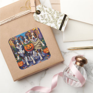 Pegatina Cuadrada Perros Border Collie Trick-or-Treating en Hallowee