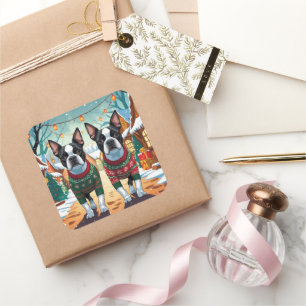 Pegatina Cuadrada Perros Boston Terrier Navidad Nieve Fiesta