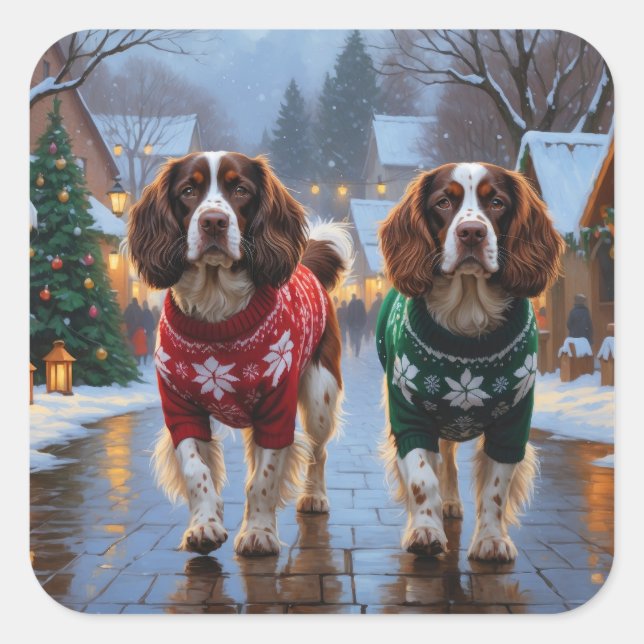 Pegatina Cuadrada Perros Brittany Spaniel Navidad Nieve Fiesta (Anverso)