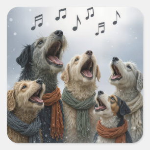 Pegatina Cuadrada Perros Cantando Villancicos En Copos De Nieve
