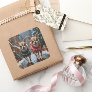 Pegatina Cuadrada Perros Chihuahua Navidad Nieve Fiesta