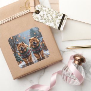 Pegatina Cuadrada Perros Chow Chow Navidad Nieve Fiesta