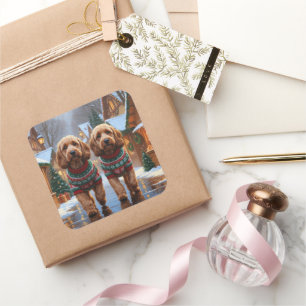 Pegatina Cuadrada Perros Cockapoo Navidad Nieve Fiesta