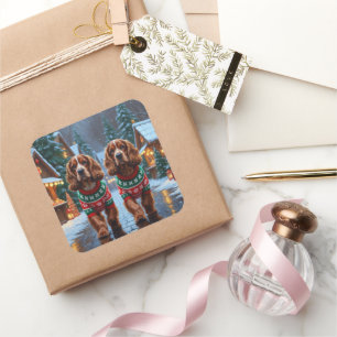 Pegatina Cuadrada Perros Cocker Spaniel Navidad Nieve Fiesta