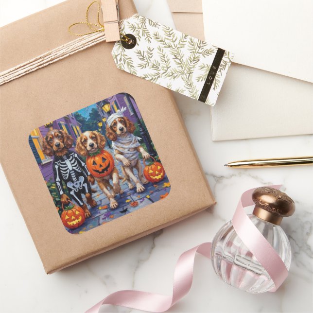 Pegatina Cuadrada Perros Cocker Spaniel Trick-or-Treating en Hallowe (Regalar)