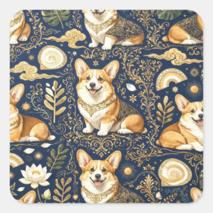 Pegatina Cuadrada Perros Corgi Elegantes Patrón de Damasco Dorado Az
