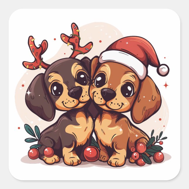 Pegatina Cuadrada Perros Dachshund de Navidad (Anverso)