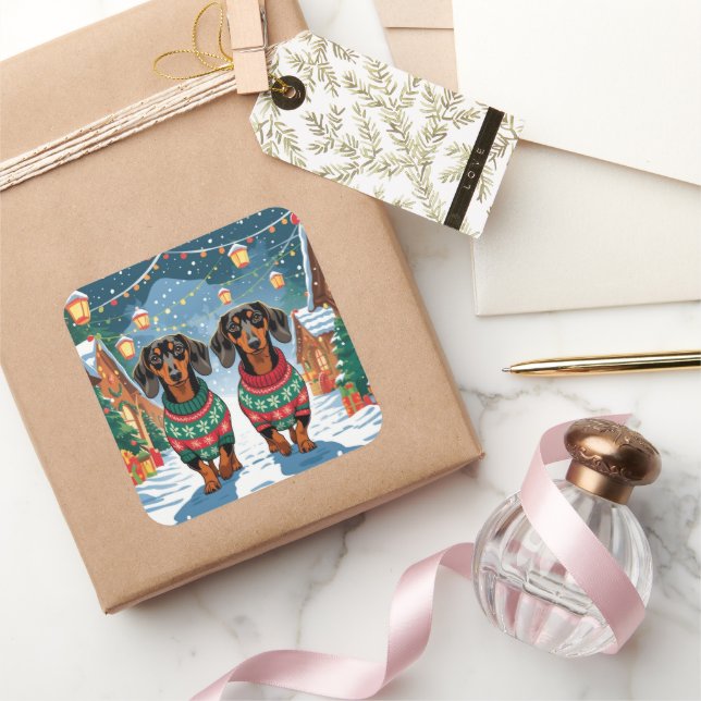 Pegatina Cuadrada Perros Dachshund Navidad Nieve Fiesta (Regalar)