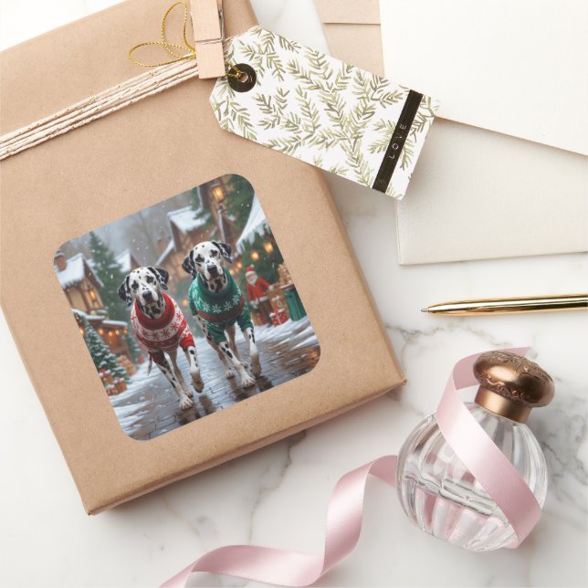 Pegatina Cuadrada Perros dálmatas Navidad Nieve Fiesta  (Regalar)