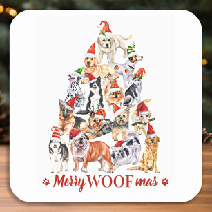 Pegatina Cuadrada Perros de árbol de navidad de merry Woofmas Perro 