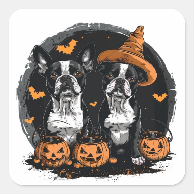 Pegatina Cuadrada Perros de Halloween Boston Terrier (Anverso)