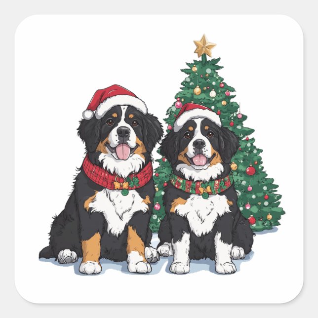 Pegatina Cuadrada Perros de montaña berneses de Navidad (Anverso)