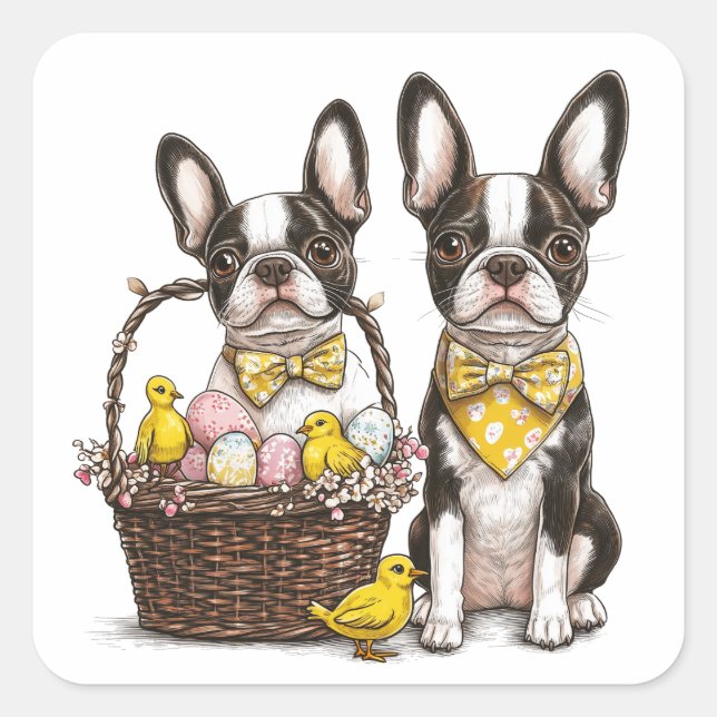 Pegatina Cuadrada Perros de Pascua de Boston Terrier (Anverso)