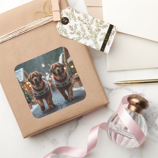Pegatina Cuadrada Perros de Terranova Navidad Nieve Fiesta (Regalar)