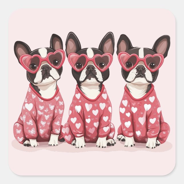 Pegatina Cuadrada Perros del día de San Valentín Boston Terrier (Anverso)