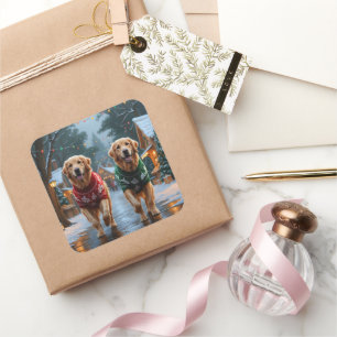 Pegatina Cuadrada Perros Golden Retriever Navidad Nieve Fiesta