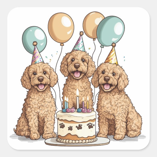 Pegatina Cuadrada Perros Goldendoodle de cumpleaños (Anverso)