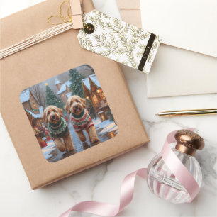 Pegatina Cuadrada Perros Goldendoodle Navidad Nieve Fiesta