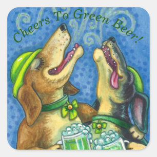 PEGATINA CUADRADA PERROS HOUND IRLANDESES, ST. LA CERVEZA VERDE DEL 