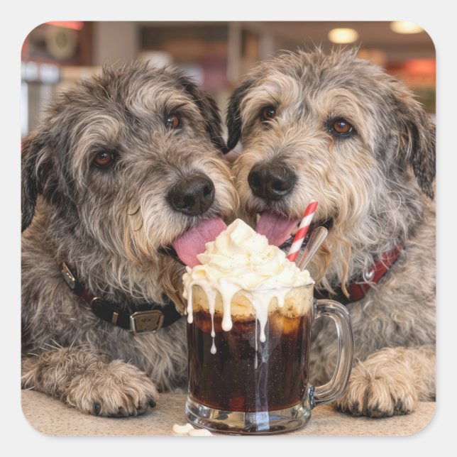 Pegatina Cuadrada Perros Irish Wolfhound disfrutando de un Root Beer (Anverso)