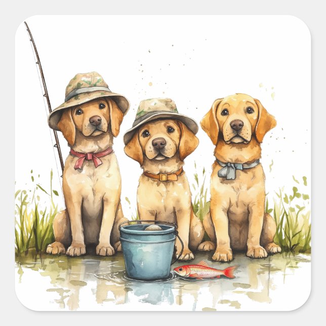 Pegatina Cuadrada Perros Labrador Retriever pescando (Anverso)