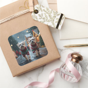 Pegatina Cuadrada Perros Malteses Navidad Nieve Fiesta