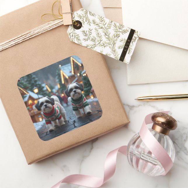 Pegatina Cuadrada Perros Malti Tzu Navidad Nieve Fiesta (Regalar)