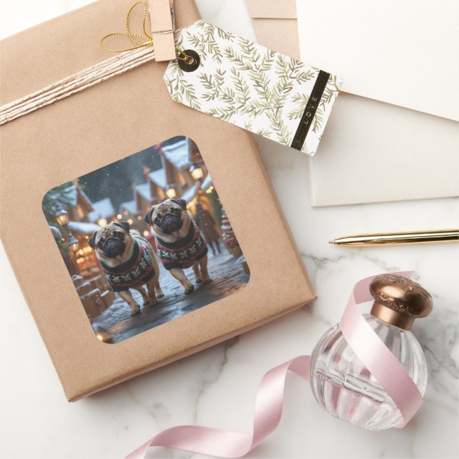 Pegatina Cuadrada Perros Pug Navidad Nieve Fiesta (Regalar)
