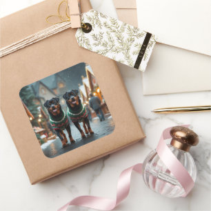 Pegatina Cuadrada Perros Rottweiler Navidad Nieve Fiesta