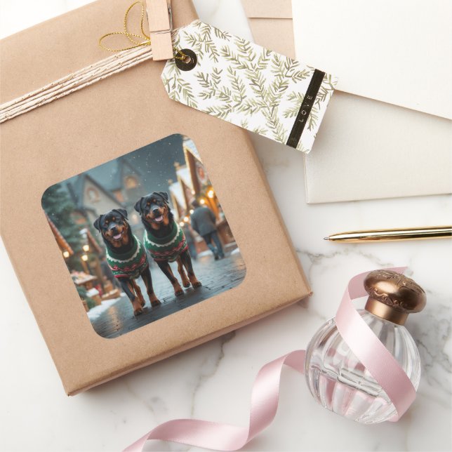 Pegatina Cuadrada Perros Rottweiler Navidad Nieve Fiesta (Regalar)