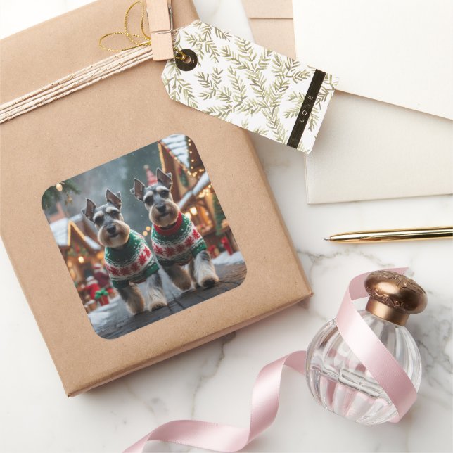Pegatina Cuadrada Perros Schnauzer Navidad Nieve Fiesta  (Regalar)