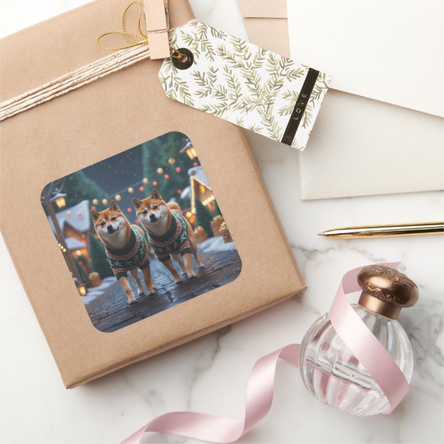 Pegatina Cuadrada Perros Shiba Inu Navidad Nieve Fiesta (Regalar)