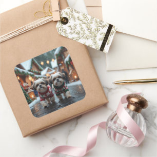 Pegatina Cuadrada Perros Shih Tzu Navidad Nieve Fiesta