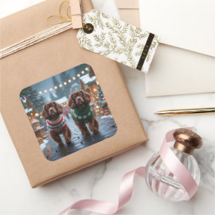 Pegatina Cuadrada Perros Spaniel Tibetano Navidad Nieve Fiesta