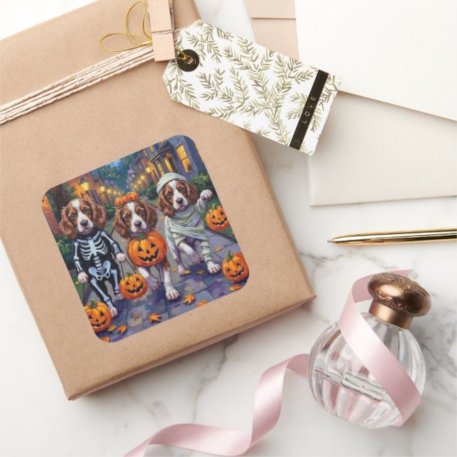 Pegatina Cuadrada Perros Springer Spaniel con disfraces de Halloween (Regalar)