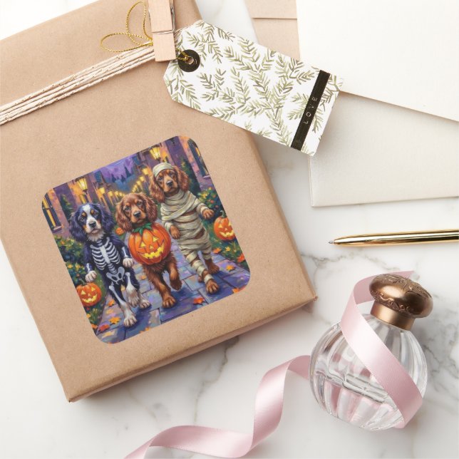 Pegatina Cuadrada Perros Sussex Spaniel con disfraces de Halloween (Regalar)