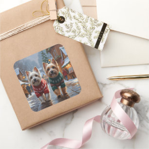 Pegatina Cuadrada Perros Terrier Cairn Navidad Nieve Fiesta 