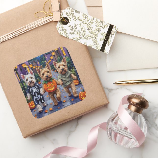 Pegatina Cuadrada Perros Terrier De Ruedas En Cotumes De Halloween (Regalar)