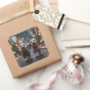 Pegatina Cuadrada Perros Terrier Escoceses Navidad Nieve Fiesta