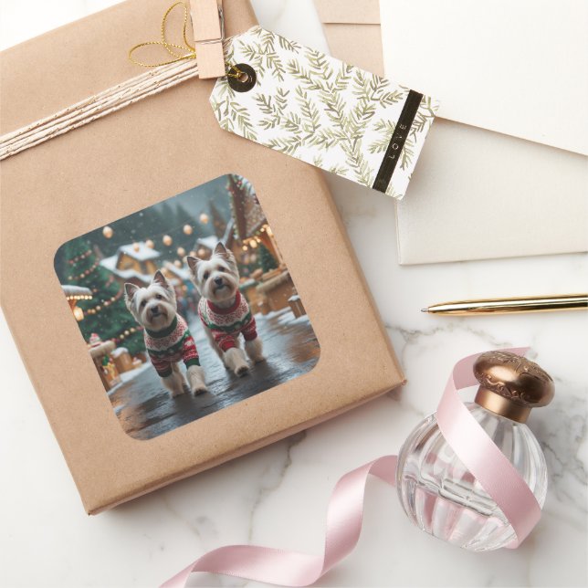 Pegatina Cuadrada Perros Terrier Tibetanos Navidad Nieve Fiesta (Regalar)