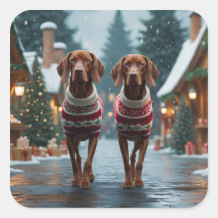 Pegatina Cuadrada Perros Vizsla Navidad Nieve Fiesta