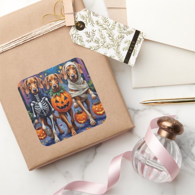 Pegatina Cuadrada Perros Vizsla pidiendo dulces con disfraz de Hallo (Regalar)