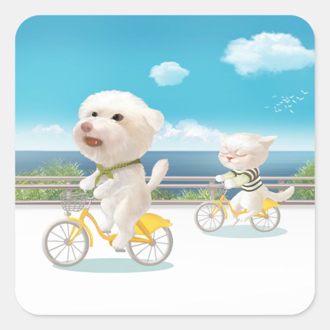 Pegatina Cuadrada Perros y gatos en bicicleta junto al mar (Anverso)
