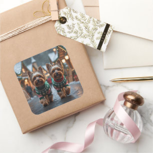 Pegatina Cuadrada Perros Yorkshire Terrier Navidad Nieve Fiesta 